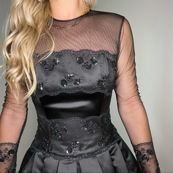 Lillie Rubin Black Long Mesh Sleeve Beaded Dress 6 - Picture 4 of 16